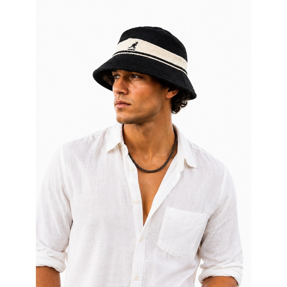 Kangol Bermuda Stripe Black White Hip Hop Bucket Hat Textured Towel Fabric NWOT